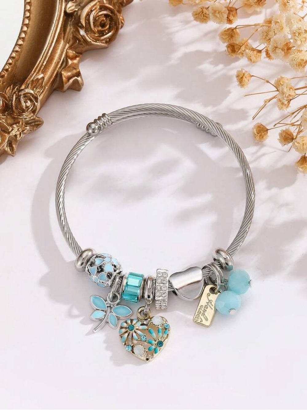 NEW Stainless Steel Silver Charm Bangle Bracelet | Blue Butterfly Heart
